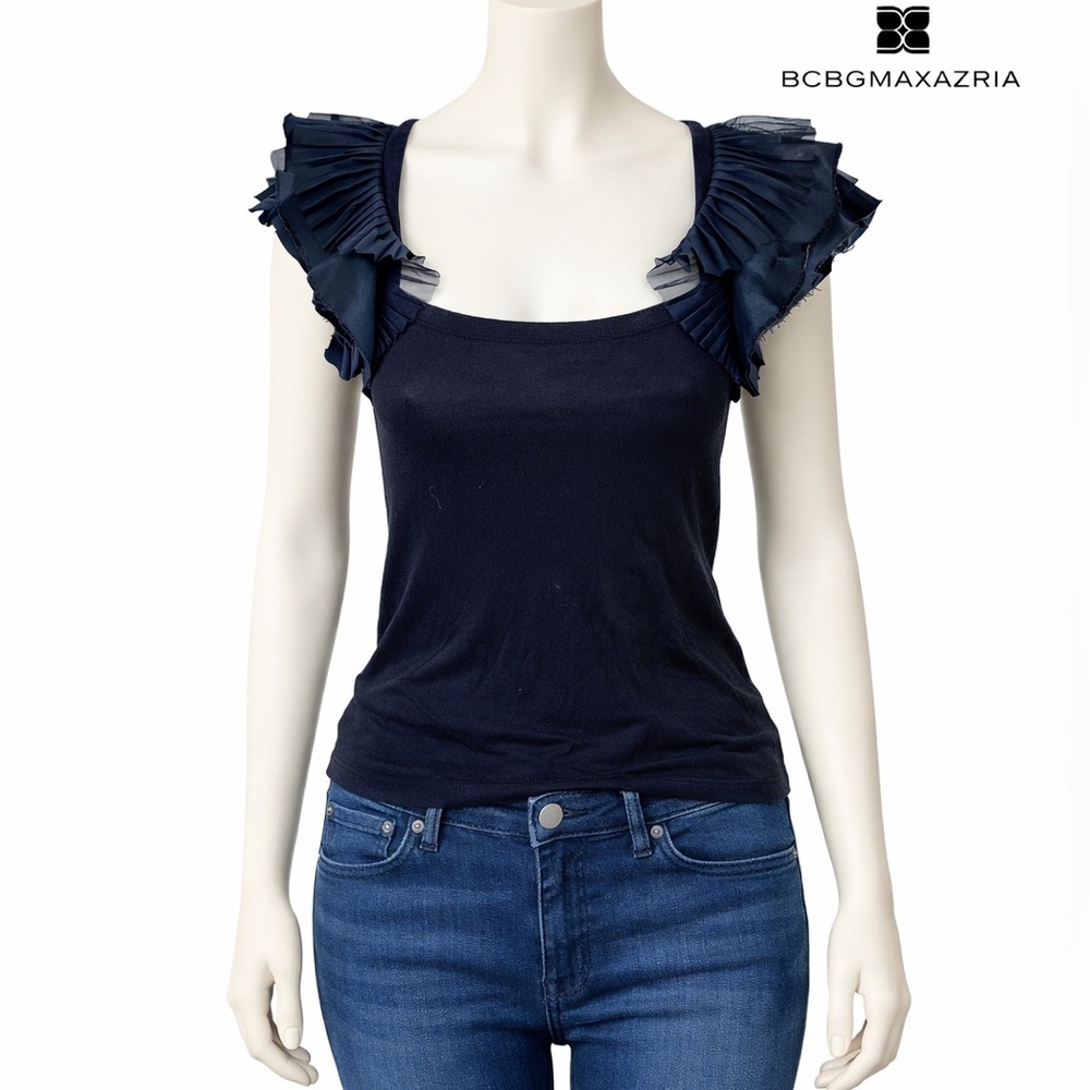 BCBGMAXAZRIA women's size XXS ribbed black tank top with flutter sleeve detail - Picture 2 of 12